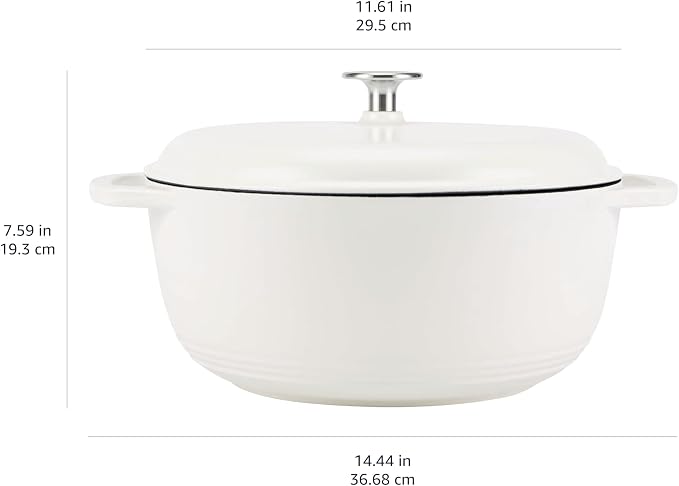 Amazon Basics Enameled Cast Iron Dutch Oven Pot with Lid, Round, Dual Handles, Heavy-Duty, Oven Safe for Stews, Roasting, Baking, 7.3-Quart, Matte White