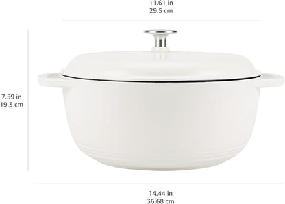 Amazon Basics Enameled Cast Iron Dutch Oven Pot with Lid, Round, Dual Handles, Heavy-Duty, Oven Safe for Stews, Roasting, Baking, 7.3-Quart, Matte White
