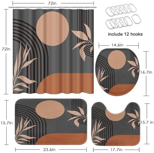 Bathroom Sets with Shower Curtain and Rugs, 4 Pcs, Boho Mid Century