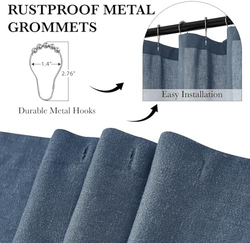 KGORGE Linen Fabric Shower Curtain Sets for Bathroom-Button Hole Waterproof Lightweight Washable Privacy Shower Curtains for Bathtub with 12 Metal Hooks, W72 x L84 inches, Navy Blue, 1 Panel
