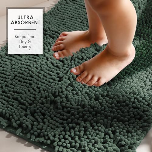 Hearth & Harbor Bathroom Rugs, Chenille Bath Mat - Machine Washable Bath Mats for Bathroom Non-Slip Backing Rubber, Quick Dry Mat - Hunter Green Bath Rug, 17x24-26x44-20x24