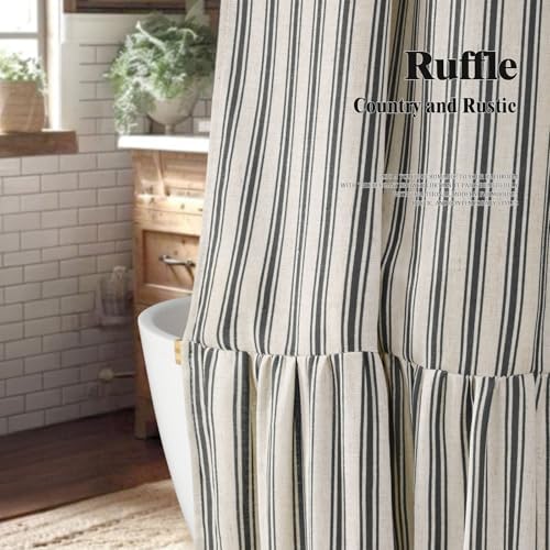 Farmhouse Shower Curtain Ruffle Linen Cream-Black Stripe 72"W x 96"L