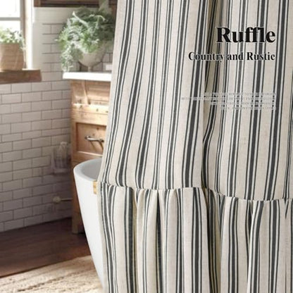 Farmhouse Shower Curtain Ruffle Linen Cream-Black Stripe 72"W x 72"L