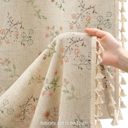 Floral Farmhouse Vintage Linen Shower Curtain with Tassel 60Wx72H