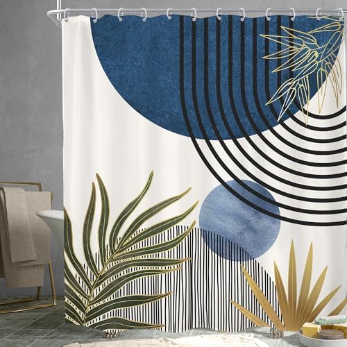 Mid Century Blue Green Boho Abstract Modern Bathroom Shower Curtain Set