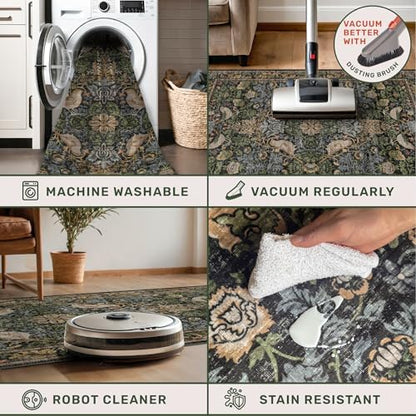 Washable Round Area Rugs 6ft for Living Room, Green Forest Soft Non-Slip Circle Rug with Rubber Backing, Vintage Large Boho Floral Bird Carpet for Bedroom, Kitchen, Nursery, Stain Resistant