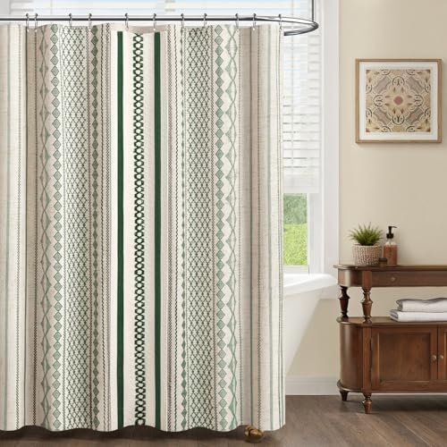 Dark Green Boho Linen Shower Curtain,72" W x 72" L