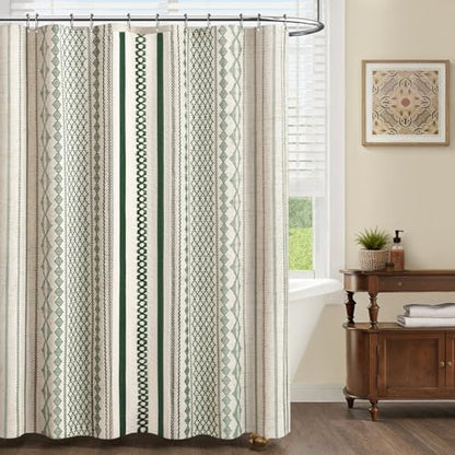 Dark Green Boho Linen Shower Curtain,72" W x 72" L