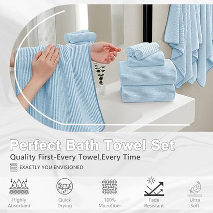 8-Piece Premium Towel Set for Bathroom|2 Oversized Large Bath Sheet,2 Hand Towels,4 Washcloths|Soft Cozy Highly Absorbent Fast Dry Microfiber Shower Towel Set for Hotel Bathroom Essentials,Blue White