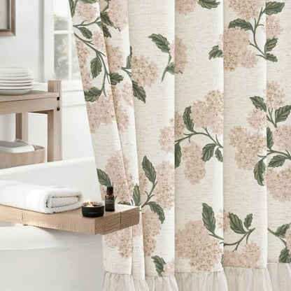 ORTIGIA Linen Textured Ruffle Shower Curtain with Metal Hooks, Vintage Light Pink Hydrangea Floral Boho Waterproof Bath Curtain for Rustic Farmhouse Bathroom Decor 72x72 Inch