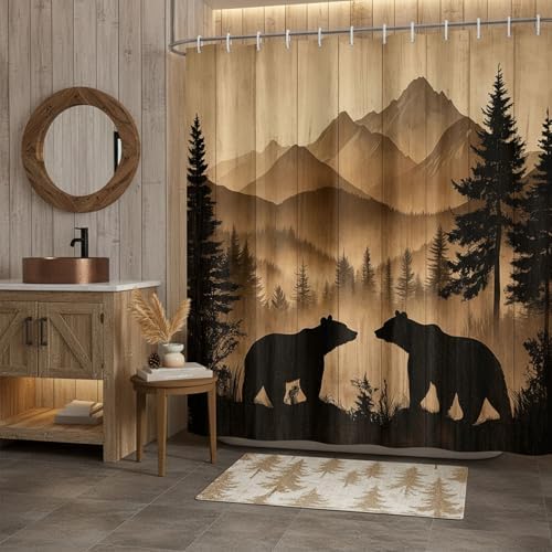 Bear Shower Curtain, Rustic Cabin Forest Shower Curtain Brown Wooden Print Wildlife Country Bath Curtains with Hooks, Hunting Camping Waterproof Polyester Fabric Bathroom Decor Accessories,70X70IN