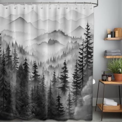 Black and White Forest Extra Long Shower Curtain, Tall 72X96 in, Mens
