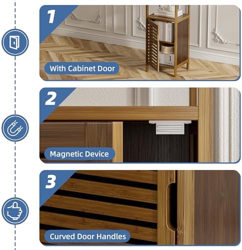 HITNET Bathroom Cabinet, Bamboo Floor Cabinet Free Standing, 4 Tier Sofa Side Storage Cupboard for Living Room Kitchen Entryway, Walnut