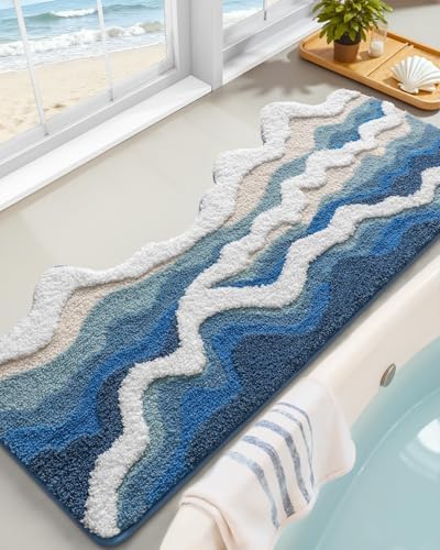 DEXI Cute Bath Mat, Sea Ocean Wave Bathroom Rugs, 43x26 Blue