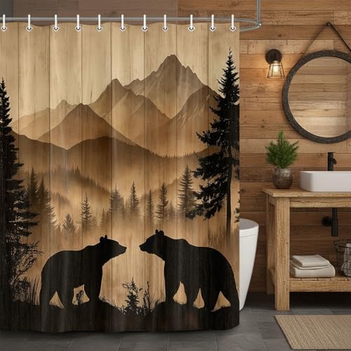 Bear Shower Curtain, Rustic Cabin Forest Shower Curtain Brown Wooden Print Wildlife Country Bath Curtains with Hooks, Hunting Camping Waterproof Polyester Fabric Bathroom Decor Accessories,47X64IN