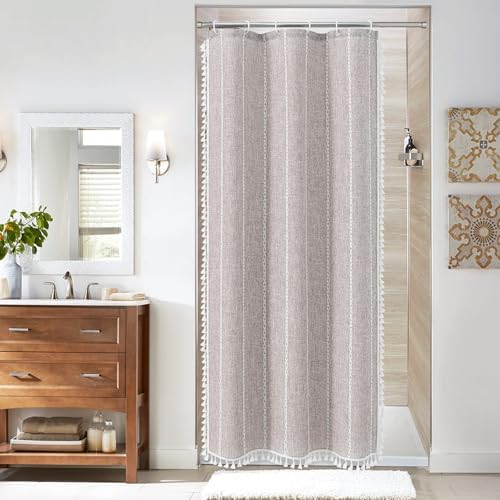 Boho Farmhouse Tassel Linen Shower Curtain,3D Embroidery Stripe Grey,36x72
