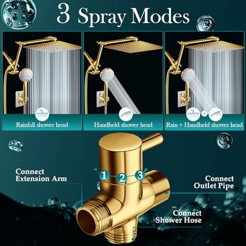 12'' Gold Rain Shower Head with 16” Extension Arm and 5 Setting Handheld