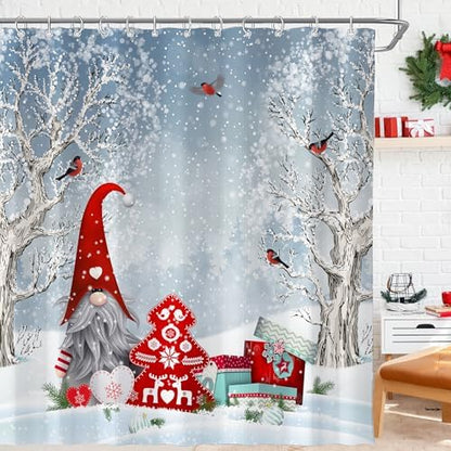 Winter Christmas Shower Curtain for Bathroom 72W*72H Inch Cute Gnome Cardinals Snowflake Snowy Bird Forest Holiday Decorations Bathtub Decor Waterproof Polyester Fabric Set