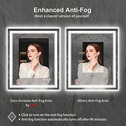Lighted Mirror, 30x36 Inch Gradient Front and Backlit LED Mirror, 3 Colors Dimmable CRI>90 Double Lights, IP54 Enhanced Anti-Fog, Hanging Plates Wall Mount LED Bathroom Mirror
