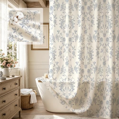 MitoVilla Vintage Farmhouse Blue Floral Poly-Cotton Shower Curtain, 72x72