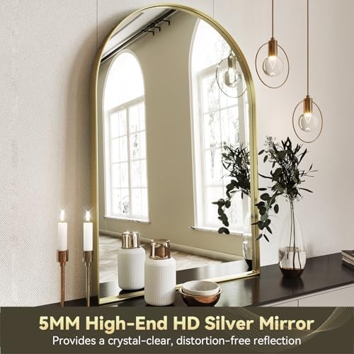 Brightify Arched Mirror, 24 x 36 Inch Gold Arch Mirror, Metal Frame Gold Arched Wall Mirror, Arched Top Bathroom Vanity Mirror for Living Room Bedroom Mantle Entryway Hallways