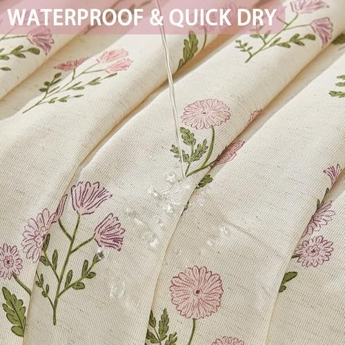 ORTIGIA Linen Textured Ruffle Shower Curtain 72x72 Inch with Metal Hooks, Vintage Pink Floral Flowers Block Print Boho Waterproof Bath Curtain for Rustic Farmhouse Bathroom Decor