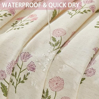 ORTIGIA Linen Textured Ruffle Shower Curtain 72x72 Inch with Metal Hooks, Vintage Pink Floral Flowers Block Print Boho Waterproof Bath Curtain for Rustic Farmhouse Bathroom Decor