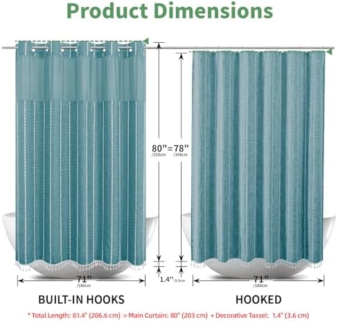 eachope Long No Hook Shower Curtain with Snap-in Fabric Liner,71x80,Teal