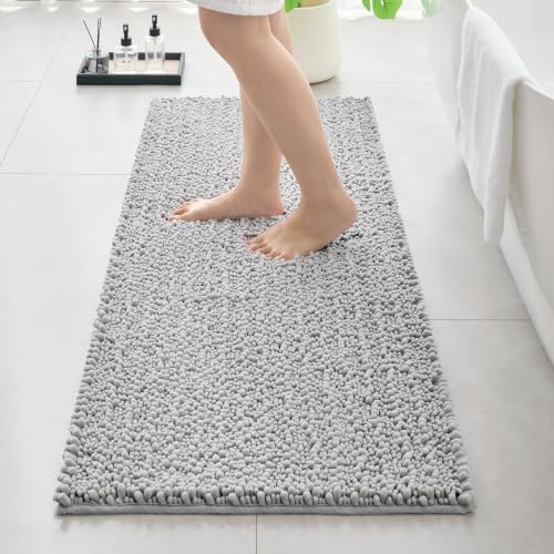 Bathroom Rugs Non Slip Washable 55x24, Extra Thick Soft Chenille Absorbent Bath Mat, High Density Barrier Non Slip Backing, Quick Dry Plush Shaggy Floor Carpet for Tub&Shower, Silver