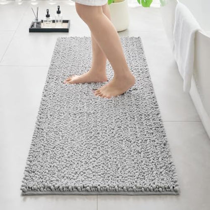 Bathroom Rugs Non Slip Washable 60x24, Extra Thick Soft Chenille Absorbent Bath Mat, High Density Barrier Non Slip Backing, Quick Dry Plush Shaggy Floor Carpet for Tub&Shower, Silver
