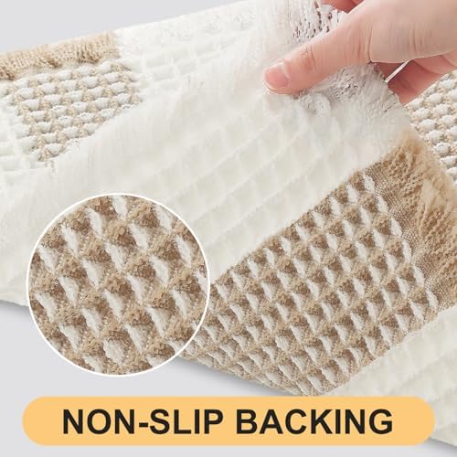 Upgrade Waffle Bath Mat, Boho Bathroom Rugs Absorbent Non Slip, Ultra Soft Bathroom Mat, Machine Washable Knit Bath Rugs with Stripe for Bathroom, Bedroom, Kitchen, Shower,Tub, 32"x20", Beige & White