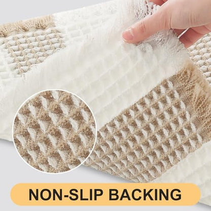 Upgrade Waffle Bath Mat, Boho Bathroom Rugs Absorbent Non Slip, Ultra Soft Bathroom Mat, Machine Washable Knit Bath Rugs with Stripe for Bathroom, Bedroom, Kitchen, Shower,Tub, 32"x20", Beige & White