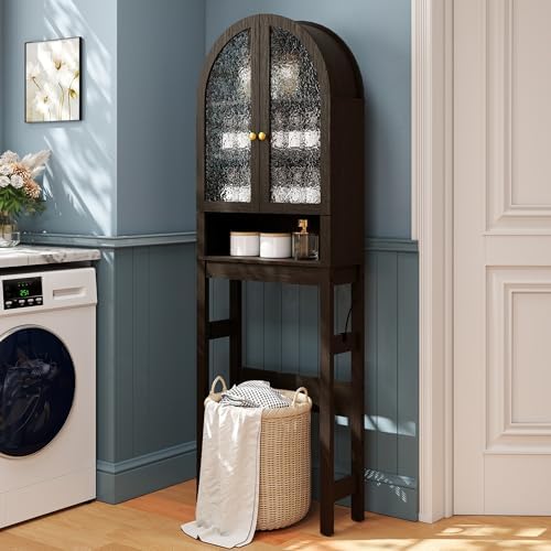 HMstone Over The Toilet Storage Cabinet, Arched Bathroom Organizer and Storage with Acrylic Doors and Adjustable Shelf, Space Saver Freestanding Bathroom Modern Storage Cabinet Over Toilet Dark Brown
