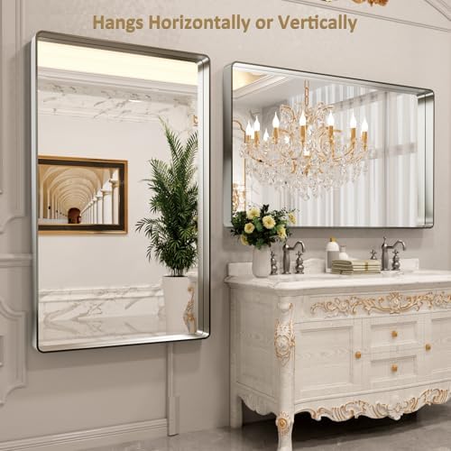 LOAAO 60X28 Inch Brushed Nickel Bathroom Mirror, Rounded Rectangle Silver Metal Frame Mirror, Brushed Nickel, Anti-Rust, Shatter Proof, Hangs Horizontally or Vertically