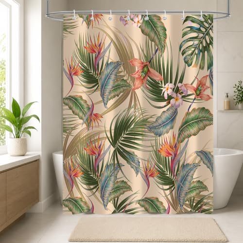 Tropical Shower Curtain, Colourful Leaves Floral Palm Leaf Hawaiian Botanical Plant Bathroom Decor, Waterproof Cloth Fabric Bath Curtain with Hooks 48 x 72 inch