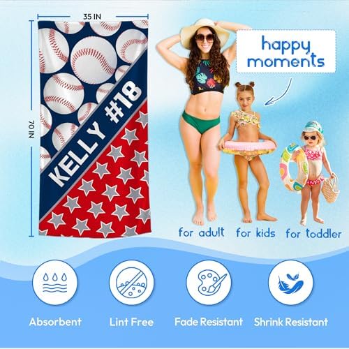 Personalized Beach Towel With Name, Custom Beach Towel with Text, Customized Microfiber Pool Towel, Quick Dry & Absorbent Swim Towel for Adult,Anniversary, Birthday, Summer Holiday,Vacation,Baseball