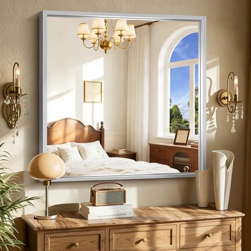 CIRCUMI 40"x40" Brushed Silver Bathroom Mirror, Square Mirror for Vanity