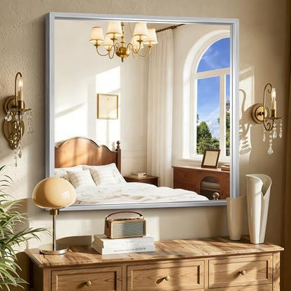 CIRCUMI 40"x40" Brushed Silver Bathroom Mirror, Square Mirror for Vanity
