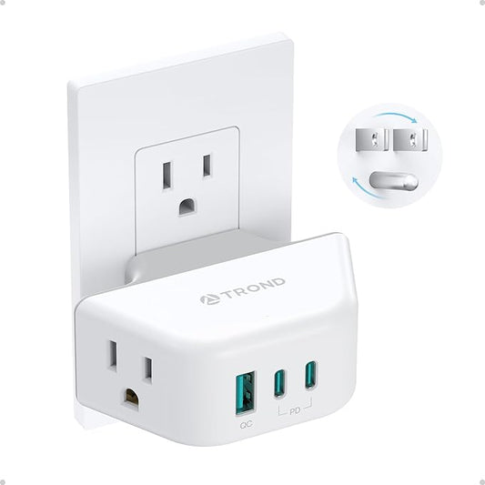 TROND Outlet Extender with 360 Rotating Plug, 2 AC Outlet Splitter with PD 20W USB C, 3-Side Design Wall Plug Adapter, for Bathroom Kitchen Cruise Ship Travel Essentials, White