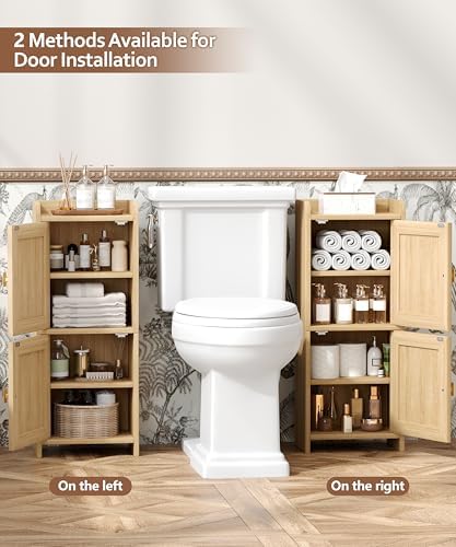 Akxomel Rattan Small Bathroom Cabinet Narrow Toilet Paper Organizer Oak