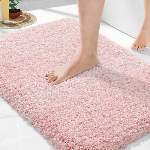 Yimobra Bathroom Rugs Non Slip Washable 36X24, Ultra Soft and Water Absorbent Bath Mats, Plush Fluffy Shower Mat Outside, Luxury Microfiber Thick Matts for Bathroom Floor/Tub, Light Pink and White