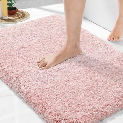 Yimobra Bathroom Rugs Non Slip Washable 36X24, Ultra Soft and Water Absorbent Bath Mats, Plush Fluffy Shower Mat Outside, Luxury Microfiber Thick Matts for Bathroom Floor/Tub, Light Pink and White