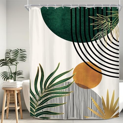 KOMLLEX Mid Century Green Boho Abstract Modern Bathroom Shower Curtain Set