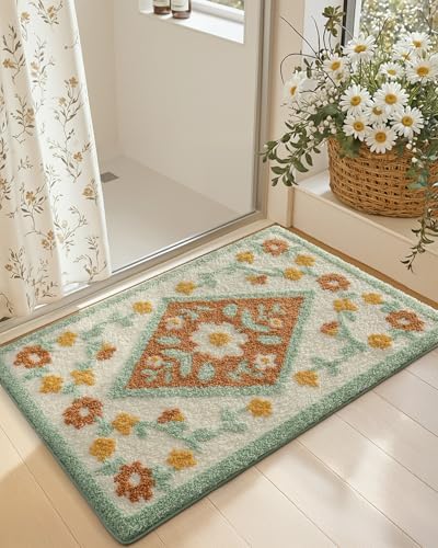 DEXI Boho Floral Bathroom Rug 32x20, Diamond Green Leaf Bath Mats Non Slip