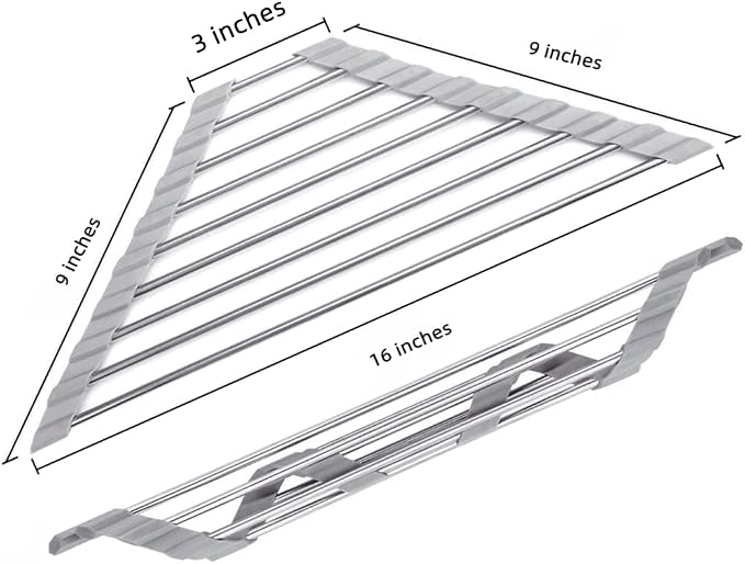 Triangle Dish Drying Rack Multipurpose Roll-up Drying Rack for Sink Corner Stainless Steel Over The Sink Corner Dish Drainer Mat for Kitchen (Grey)
