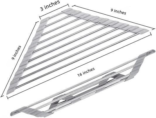 Triangle Dish Drying Rack Multipurpose Roll-up Drying Rack for Sink Corner Stainless Steel Over The Sink Corner Dish Drainer Mat for Kitchen (Grey)