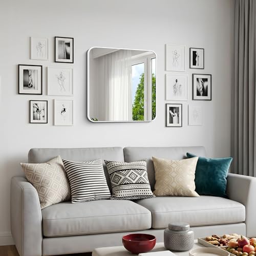 BONEWEI White Bathroom Mirror,24x24 inch Wall Mirror for Bathroom Wall Mounted,Rectangle Mirror for Bathroom Over Sink,Modern Frame Round Corner for Living Room,Bedroom Entryway,Horizontal/Vertical
