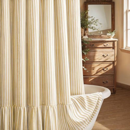 Farmhouse Shower Curtain Ruffle Linen Cream-Yellow Stripe 72"W x 84"L