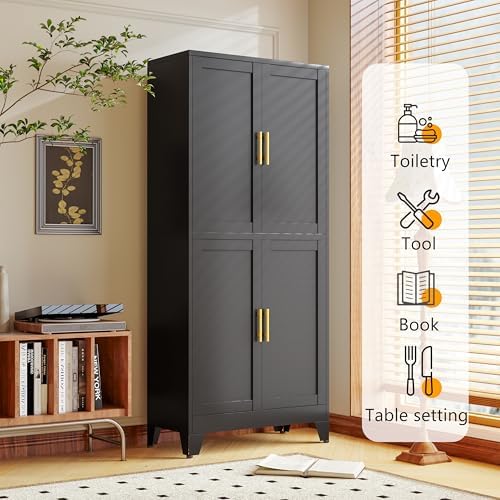 winiowa 75" Tall Kitchen Pantry Cabinet, Metal Storage Cabinet with Doors and Adjustable Shelves, Black Freestanding Pantry Cabinet for Kitchen, Dining Room, Living Room, Laundry Room, Bathroom