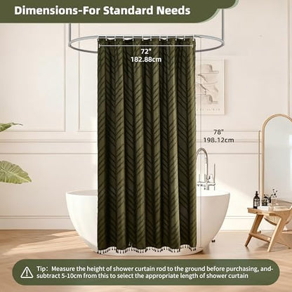 Siiluminisoy Long Shower Curtain Olive Green Boho Shower Curtain with Tassel for Bathroom, 72 x 78 Woven Fabric Modern Textured Tufted Chevron Striped, Machine Washable